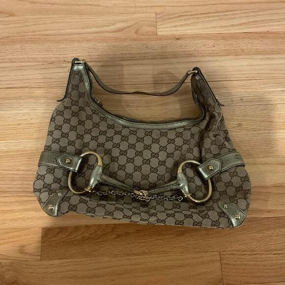 GUCCI Vintage Monogram GG Horsebit Chain Metallic Hobo Bag - Picture 3 of 11
